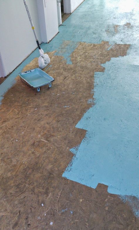 DIY Painted Particle Board Floor (Mmmm, Teal) | Dans le Lakehouse Wood Stain Ideas Diy, Wallpaper On Floor Diy, Chipboard Flooring Ideas, Painted Chipboard Floors, Painting Subflooring Ideas Diy, Painted Floors Plywood, Cheap Flooring Ideas Diy Budget, Painted Osb Floors, Teal Basement