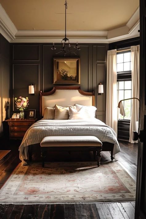 Modern Victorian Bedroom, Black And Grey Bedroom, Dark And Moody Bedroom, Academia Bedroom, Neutral Bedroom Decor, Masculine Bedroom, Romantic Bedroom Decor, Victorian Bedroom, Moody Bedroom