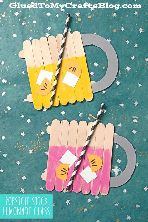 Popsicle Stick Pink Lemonade - Kid Craft Idea For Summer Lemonade Craft, Unique Kids Crafts, Lemonade Party Theme, Popsicle Craft, Idea For Summer, Summer Arts And Crafts, Construction Paper Crafts, Easy Toddler Activities, Popsicle Crafts