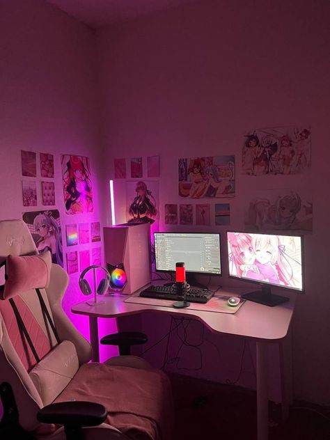 пк Bedroom Gaming Setup, Gaming Setup Ideas, Games Room Inspiration, Best Gaming Setup, Windows To The Soul, Interior Design Layout, Room Organisation, Desktop Setup, Neon Room