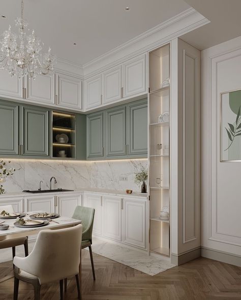 Modern Cottage Kitchen Inspiration, Kitchen Neoclassic Interior Design, Neo Classic Kitchen, Neoclassical Kitchen, Toilet Design Modern, Modern Kitchen Apartment, Classic Kitchen Design, Ikea Kitchen Design, Neoclassical Interior