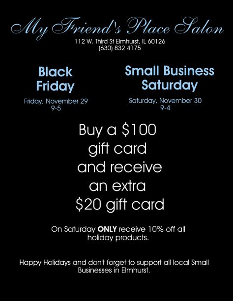 Black Friday Special at My Friends Place Salon in Elmhurst, IL Black Friday Esthetician, Black Friday Hair Salon Specials, Black Friday Spa Specials, Christmas Salon, Salon Promotions, Spa Specials, Promotion Ideas, Suite Ideas, Spa Marketing