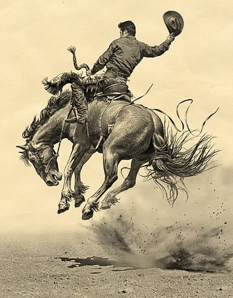 Bronc Riding Tattoos, Bronc Drawing, Bronc Rider Tattoo, Bucking Bronco Tattoo, Horses Bucking, Western Cowboy Art, Western Art Paintings, Cowboy Painting, Cowboy On Horse