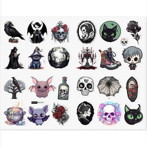 Add a touch of Gothic and Emo aesthetics to your personal items with our unique sticker sheet. This collection features 24 distinct 2'' stickers, each reflecting the bold vibes of Emo, Goth, and Punk subcultures. Perfect for customizing your laptop, notebooks, phone case, water bottle, skateboard, and more. Explore our range and make a bold statement today. #GothicStickers #EmoStickers #PunkStickers #Personalization #UniqueStyle #BoldAesthetics Punk Subculture, Gothic Emo, Unique Sticker, Emo Goth, Sticker Sheet, Sticker Sheets, Stones And Crystals, Unique Style, Christmas Crafts