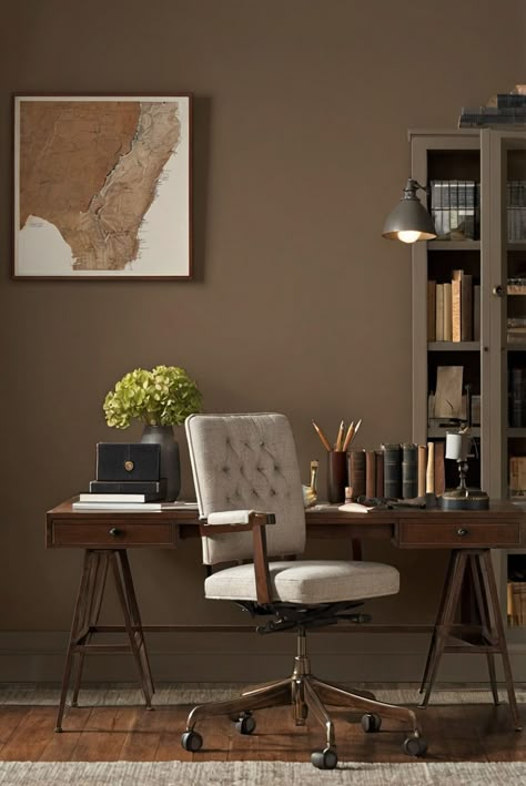 home office design, home office decor, office interior design, workspace design Brown Office Walls, Chocolate Brown Office, Brown Walls Office, Earth Tone Home Office, Office Wall Color Ideas, Manly Home Office, Classy Office Decor, Dark Brown Office, Home Office Interior Design Ideas