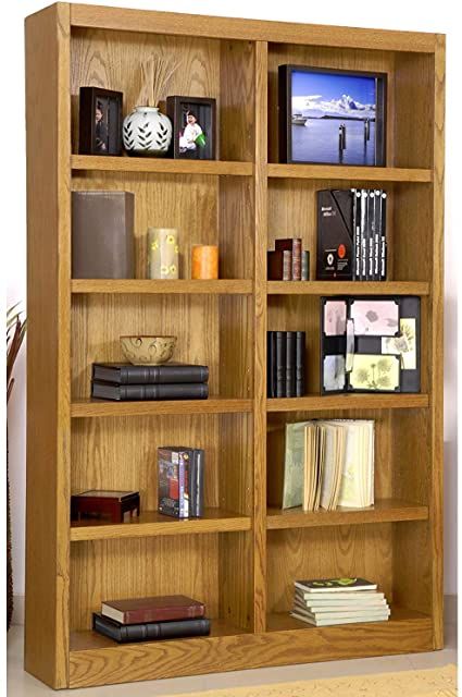 Ten Shelf Double Bookcase 72"H Dry Oak Finish Double Bookcase, Farmhouse Bookshelf, Bookshelf Office, Tiered Display Shelves, Wide Bookcase, Wood Bookshelf, Corner Bookshelves, Veneer Panels, Oak Bookcase