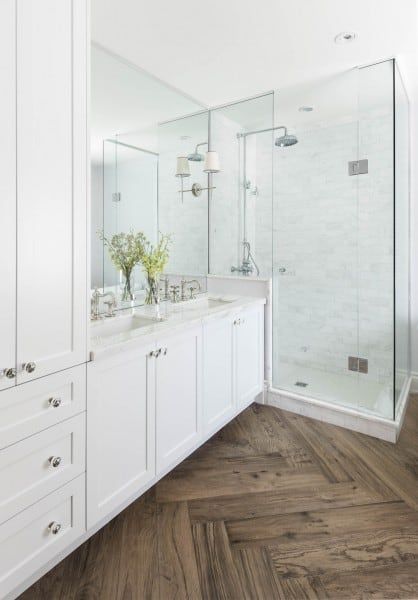 Wood Tile Bathroom Floor, Frameless Glass Shower Enclosure, Wood Tile Bathroom, Wood Floor Bathroom, Herringbone Wood Floor, Bathroom Countertops, Trendy Bathroom, Bathroom Floor Tiles, Wood Bathroom