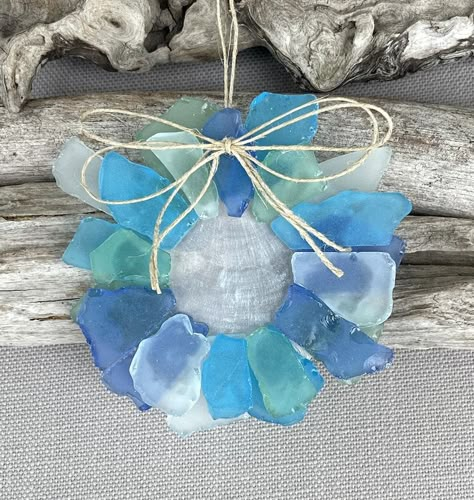 Seaglass Wreath, Beach Ornament, Beach Ornament, Wreath Ornament, Starfish Ornament, Beach Wreath, Seaglass Wreath Ornament - Etsy Seaglass Gifts Diy, Diy Sea Glass Ornaments, Seaglass Ornaments Diy, Seaglass Christmas Ornaments, Sea Glass Xmas Ornaments, Seaglass Christmas Tree Ornaments, Beach Christmas Wreath, Seaglass Crafts Christmas Wreath, Christmas Beach Glass Art