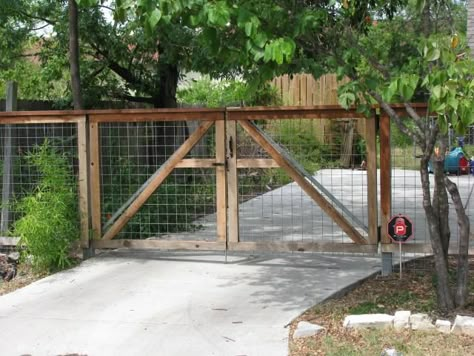 a framed, welded wire gate | Galvanized Steel Frame Drive Gates, Austin, Texas Wood And Wire Gate, Wire Fence Gate, Stockade Fence, Hog Wire Fence, Wire Gate, Wire Fences, Drive Gates, Welded Wire Fence, Split Rail Fence