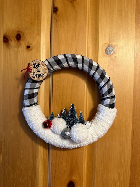 This black and white gingham wreath is a perfect addition to your holiday decor.  This wreath is handmade on foam core, wrapped in ribbon and soft fuzzy yarn. It is 10" around.  Bottlebrush trees and pom poms adorn the winter scene.  There is a hanger in the back.  This should be hung indoors. Foam Ring Crafts, Fabric Wreaths Diy No Sew, Loop Yarn Wreath, Yarn Wreath Diy, Diy Yarn Wreath Tutorial, Christmas Pom Pom Crafts, Diy Dollar Store Crafts Projects, Christmas Yarn Wreaths, Burlap Mesh Wreath