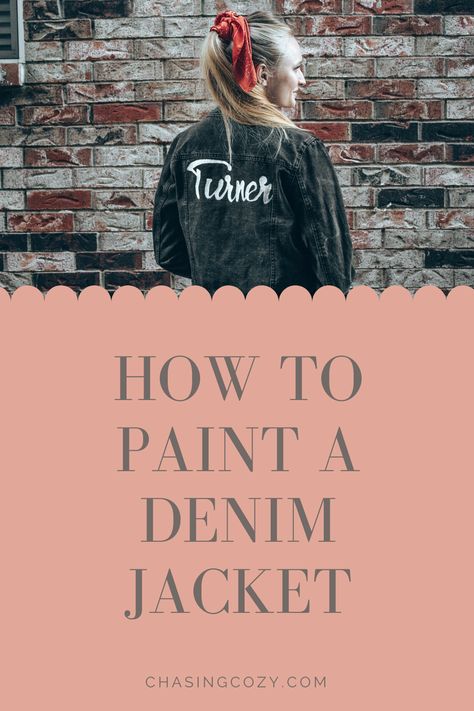 How To Decorate A Jean Jacket, How To Paint A Jean Jacket, Diy Sports Team Denim Jacket, Denim Jacket Design Ideas Paint, How To Paint On Denim Jacket, Painting Denim Jacket Diy, How To Paint Denim Jacket, Diy Painted Denim Jacket, Diy Painted Jacket