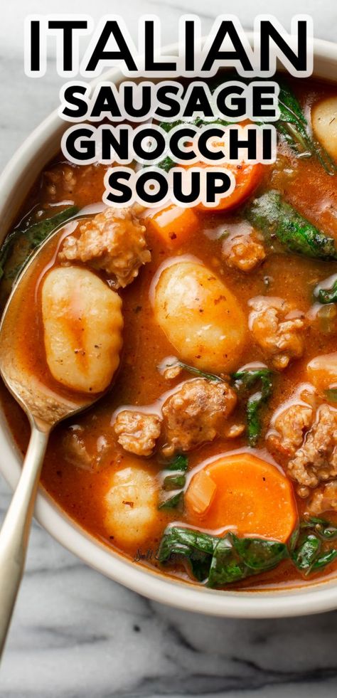 a bowl of soup with a spoon and text overlay that reads italian sausage gnocchi soup Dairy Free Gnocchi Recipes, Italian Sausage Gnocchi Soup, Gnocchi And Vegetables, Italian Sausage Gnocchi, Sausage Gnocchi Soup, Dairy Free Soup Recipe, Sausage Gnocchi, Ground Sausage Recipes, Gnocchi Recipes Easy