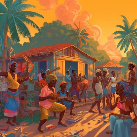 Haitian celebration Caribbean Music Aesthetic, Rio Painting, African Mural, Afro Music, Calypso Music, Africa Tribes, Dancing Drawing, Rastafarian Culture, Latin American Music