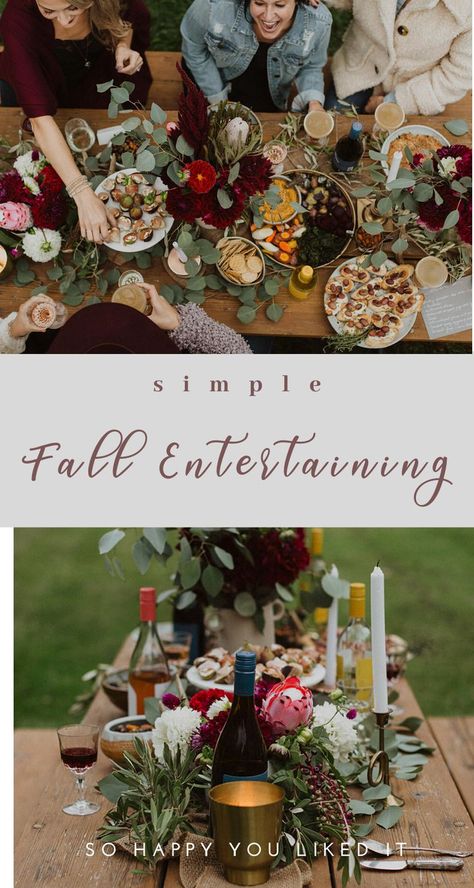 Throw the perfect soirée for your friends with this guide to Simple Fall Entertaining! You'll find details on how to simply plan the who, what, where, and how of your next gathering. Recipes, wine pairings, cocktails, and plenty of gorgeous imagery to inspire you. | #sohappyyoulikedit #fallentertaining #outdoorpicnic #grazingtable #entertainingtips #styledshoot #fallrecipes #outdoorentertaining #styledtable #inspiration #foodandwinepairings #entertaining| www.sohappyyoulikedit.com Thanksgiving Wine Pairing, Gathering Recipes, Wine Pairing Party, Cozy Fall Recipes, Who What Where, Thanksgiving Wine, Fall Friends, Autumn Wine, Wine And Cheese Party