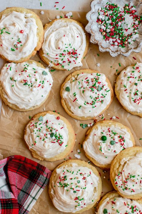 Super soft, chewy, and easy to make drop sugar cookies are perfect for the holiday season or can be made year round with different sprinkles or frosting colors. #christmascookies #cookies #holidaycookies #holidaybaking #dropsugarcookies #sugarcookies #cookieexchange #easycookies Drop Style Sugar Cookies, Christmas Baking Sugar Cookies, Christmas Cookie Decorating Aesthetic, Drop Sugar Cookies With Frosting, Christmas Sugar Cookies With Frosting, Sugar Cookies And Frosting, Sugar Cookie Sprinkles, Christmas Crumbl Cookie, Christmas Cookies With Frosting