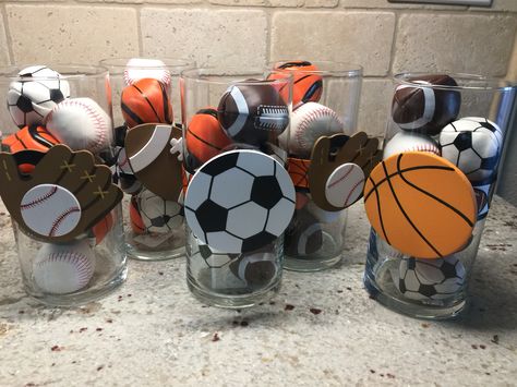 Sports party centerpieces. Sports Birthday Centerpieces, Sports Theme Birthday Centerpieces, Sports Party Decorations Centerpieces, Sports Themed Table Centerpieces, Sport Centerpieces Ideas, Sport Themed Birthday Party Centerpieces, Easy Sports Banquet Centerpieces, All Star Centerpieces Sport Theme, Brunch Centerpieces