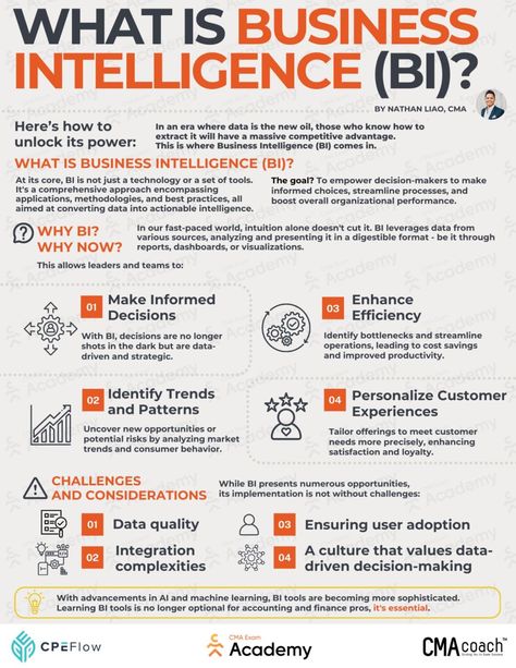 Business Infographics on LinkedIn: What Is Business Intelligence (BI)  Credits to Nathan Liao, CMA Coach… Leadership Development Activities, Business Intelligence Analyst, Financial Literacy Lessons, Business Strategy Management, Data Science Learning, Business Knowledge, Business Infographics, Business Basics, Business Marketing Plan