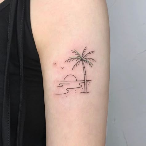 Simplistic Beach Tattoo, Minimal Beach Tattoo, Sunset Beach Tattoo, Kauai Tattoo, Beach Sunset Tattoo, Island Tattoo Ideas, Shore Tattoo, Beachy Tattoos, Beach Tattoos