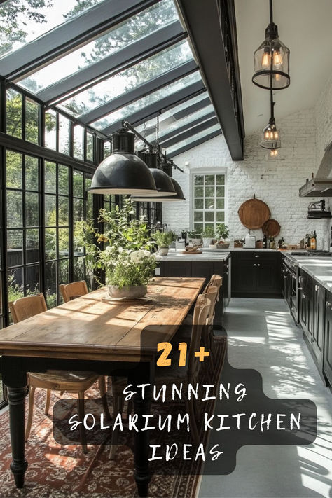 Love natural light? These 21 solarium kitchen ideas will inspire you to create a bright and airy cooking space! From glass ceilings to beautiful sunlit designs, these kitchens are perfect for those who adore the outdoors. Tap to explore all the stylish setups 🌞🍴. #SolariumKitchens #KitchenDesign #BrightSpaces Sunroom With Kitchen, Kitchen Into Sunroom, Kitchens With Floor To Ceiling Windows, Kitchen Window To Dining Room, Lots Of Windows Kitchen, Glass Room Addition, Solarium Addition To House, Sunroom Kitchen Addition, Kitchen With Skylight Natural Light