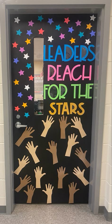 Classroom door 
space theme classroom 
leadership for students Leaders Classroom Theme, Star Classroom Door Ideas, Classroom Door Themes, Welcome Door Classroom, Classroom Door Decoration Ideas Creative, Classroom Door Design, Classroom Door Decorations, Space Theme Classroom, Classroom Door Displays