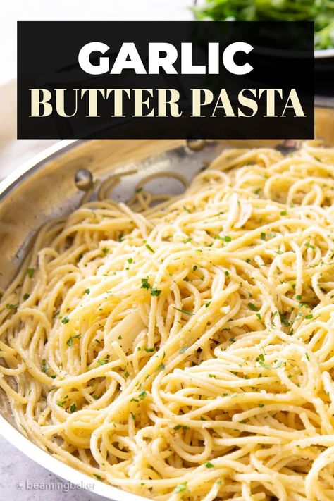 Buttery garlic comfort: This Garlic Butter Pasta boasts just the right amount of savory garlic butter sauce that coats your favorite pasta topped with grated parmesan and fresh parsley! Perfect for an Italian-inspired lunch or dinner! | Recipe at BeamingBaker.com Butter Parmesan Pasta, Garlic Buttered Noodles Recipe, Asparagus And Peas, Buttered Noodles Recipe, Garlic Butter Noodles, Butter Sauce For Pasta, Garlic Butter Pasta, Butter Pasta, Buttered Noodles