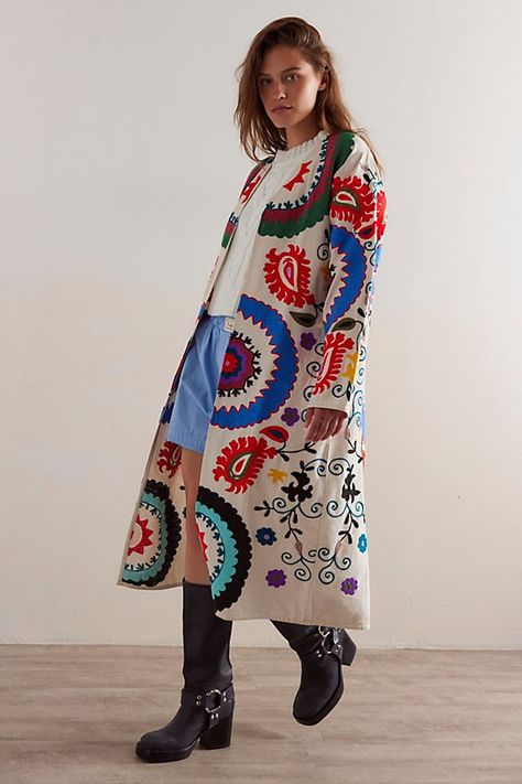 Folk Style Embroidered Festival Kimono, Urban Outfitters Afghan Coat, Summer Embroidered Folk Kimono, Folk Style Multicolor Embroidered Kimono, Velvet Duster, Suzani Jacket, Embroidered Motifs, Abstract Embroidery, Duster Jacket