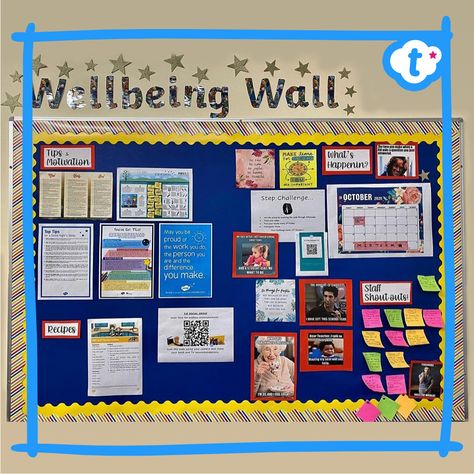 A staff wellbeing wall is a great way to motivate, inspire and support your colleagues. By including sections such as tips and motivation, recipe ideas, staff shout-outs and updates, your teaching team can have a little pick me up each time they go into the staffroom. Visit the Twinkl website for wellbeing resources to inspire your display. #wellbeing #staffwellbeing #staffwellbeingwall #wellbeingwall #teachers #teaching #teachingresources #twinkl #twinklresources #teachersupport #staffroom Praise Board For Employees, Peer Support Bulletin Board, Bulletin Board Ideas For Staff Room, Ways To Acknowledge Staff, School Staff Board Ideas, Staff Room Wellbeing Ideas, School Wellbeing Display, Staff Announcement Board, Employee Wellness Bulletin Board