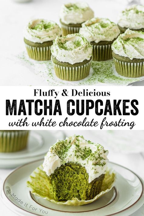 These matcha cupcakes are tender and fluffy! They’re topped with a silky white chocolate frosting! Enjoy this super delicious matcha dessert while also enjoying the nutritional benefits of matcha green tea! Green Tea Cupcakes, Matcha Cupcakes, White Chocolate Frosting, Matcha Dessert, Chocolate Cream Cheese Frosting, Tea Cup Cake, Matcha Cake, Matcha Recipe, Chocolate Cream Cheese