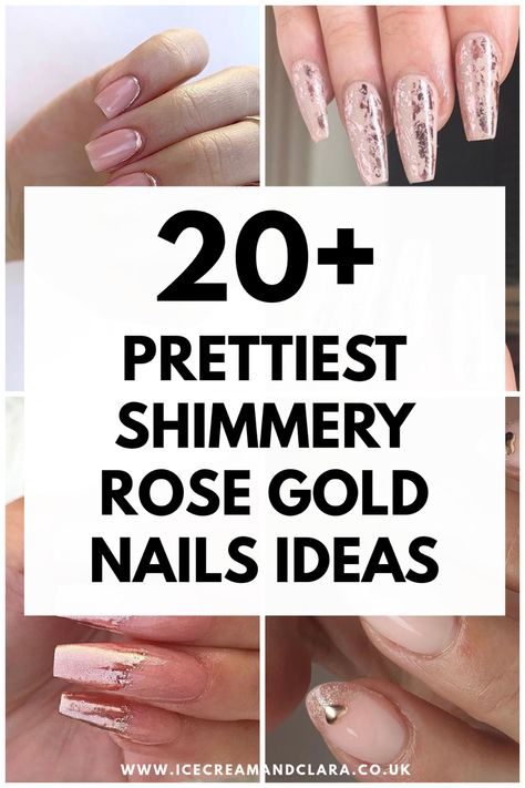 Best rose gold nails designs and rose gold nail art ideas for long nails and short nails Rose Gold Inspired Nails, Rose Gold Nail Ideas Short, Rose Gold Nails For Wedding, Rose Gold Summer Nails, Rose Gold White Nails, Rose Gold Glitter Nails Design, Rose Gold Bridal Nails, Rose Gold Acrylic Nail Designs, Ombre Rose Gold Nails