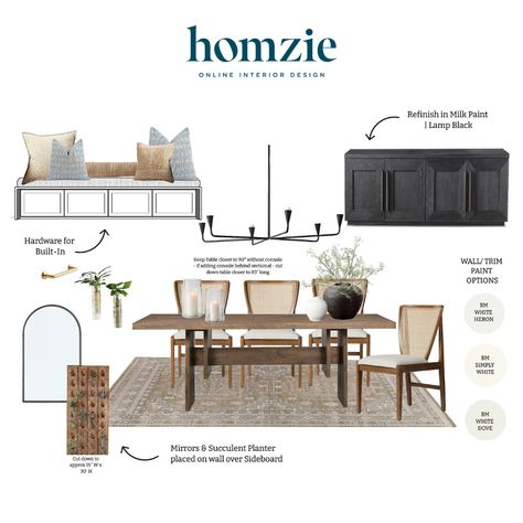 We loved designing this organic modern dining room our virtual interior design client. This space features a farmhouse style dining table, cane dining chairs, black sideboard, neutral rug and greenery to complement the organic style. 

Shop this design by following @homziedesigns on the LTK app! 
Work 1:1 with a Homzie virtual interior designer for a low flat-rate and receive a custom, shoppable decorating plan! - all online. Get started homziedesigns.com/work-with-us Transitional Dining Room Decor, Modern Classic Dining Room, Dining Room Mood Board, Classic Dining Room Design, Organic Modern Dining, Modern Classic Dining, Organic Modern Dining Room, Farmhouse Style Dining Table, Room Mood Board