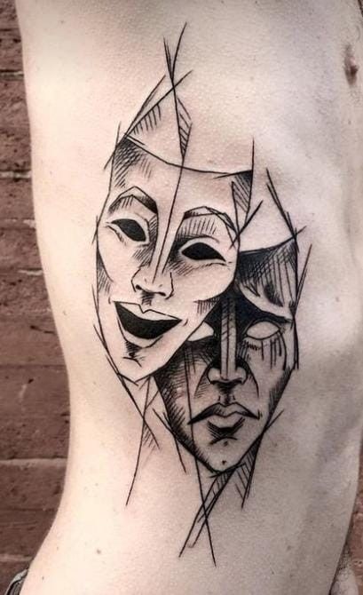 Comedy Mask Tattoo, Drama Mask Tattoo Design, Theatre Masks Tattoo, Two Faces Tattoo, Masks Drawing, Two Face Tattoo, Masks Tattoo, Theater Mask Tattoo, Theatre Tattoo