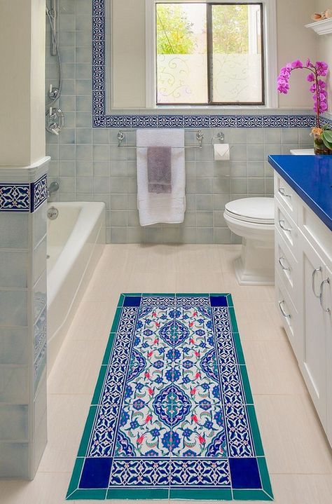 10 Floor Tile Designs For Every Corner of Your Home! Moroccan Bathroom Ideas, Home Tiles Design, Modern Tile Designs, Mediterranean Bathroom, Blue Tile Wall, Moroccan Bathroom, Floor Tiles Design, Tiled Bathroom, Blue Bathroom Tile