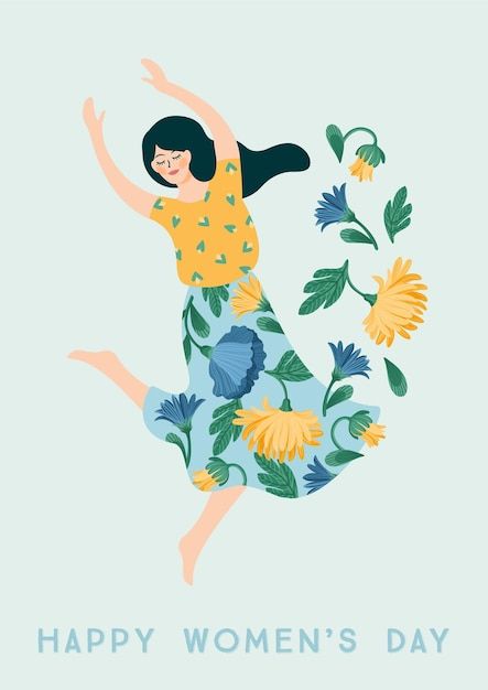 Happy Woman Drawing, Happy Woman Illustration, Woman And Flowers, Dancing Woman, Vector Portrait Illustration, Happy Woman Day, Watercolor Paper Texture, Dance Paintings, Summer Illustration