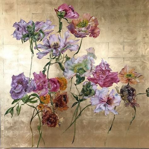 Claire Basler. Clair Basler, Claire Basler, Design Pattern Art, Canvas For Beginners, Web Gallery, Puffy Paint, Gold Leaf Art, Gold Background, Floral Artwork