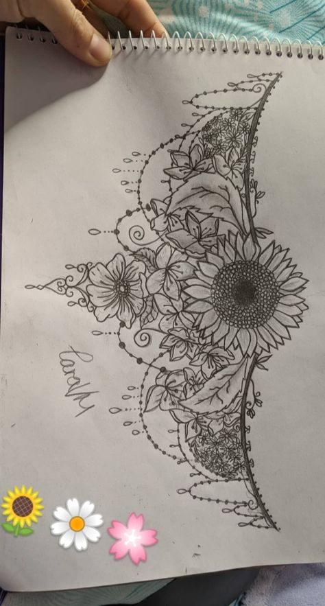 Sternum Sunflower Tattoo, Sunflower Stomach Tattoo, Sunflower Tattoo Sternum, Underbust Tattoo Ideas Floral, Sternum Coverup Tattoo Women, Sternum Tattoo Women Ideas, Sternum Tattoos For Women Unique, Sternum Tattoo Large, Sternum Tattoo Designs For Women