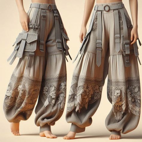 How To Make Harem Pants, Futuristic Steampunk Fashion, Creative Pants Design, Solarpunk Clothing, Solar Punk Aesthetic Fashion, How To Style Baggy Pants, Solarpunk Outfit, Baggy Pants Pattern, Solar Punk Fashion