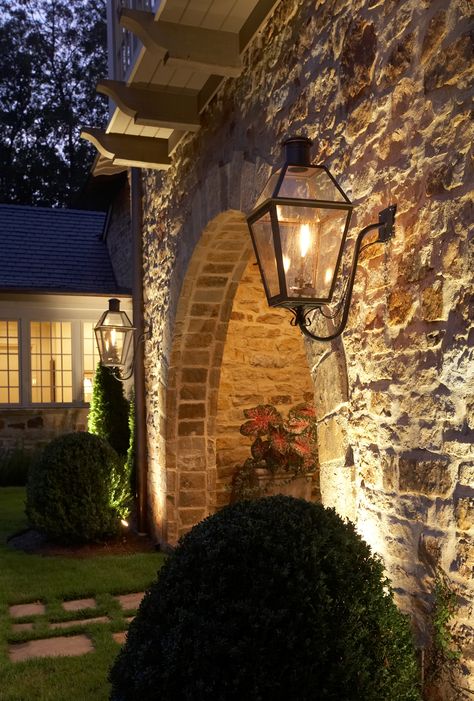 German Schmear, Stone Lighting, Cove Lighting, Gas Lanterns, Front Door Entrance, Exterior Makeover, Outdoor Light Fixtures, New Traditional, Interior Design Firm