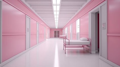 Pink Long hospital bright corridor with rooms and seats royalty free stock photo Pink Hospital Aesthetic, Pink Hospital, Hospital Background, Baker Miller Pink, Hospital Reception, Streaming Overlay, Hospital Food, Building Modern, Korean Short