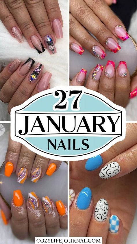 Need Inspiration? 27 Stunning January Nails to Try Now Fun Nails For January, January 2025 Nail Designs, January Acrylic Nails, January 2025 Nails, Colorful Nail Ideas, January Nail Colors, Nails Vibrant, Argyle Nails, January Nail