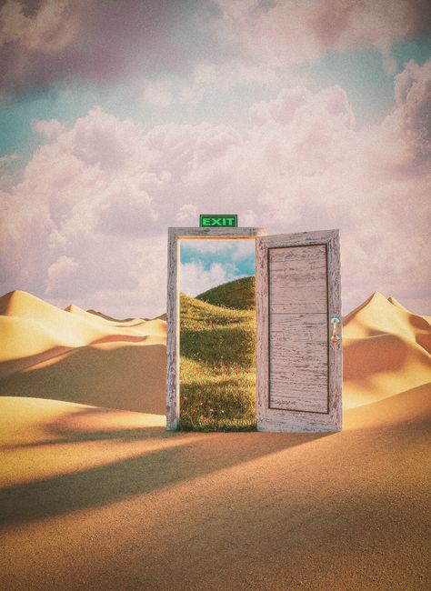 A dream-like scene in a desert with one door leading to salvation. All made in a single render by using an optical illusion. Made in Blender with some colour grading in Photoshop. Frame Within A Frame, Colour Grading, 2023 Art, Liminal Space, Creative Pictures, Color Grading, Optical Illusion, Surreal Art, Optical Illusions