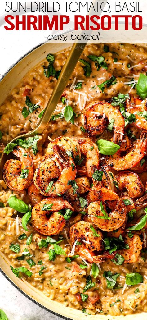 Scallops And Shrimp Risotto, Shrimp Risotto Recipes, Easy Baked Shrimp, Seared Shrimp, Shrimp Risotto, Tomato Risotto, Caramelized Shallots, Carlsbad Cravings, Shrimp And Rice