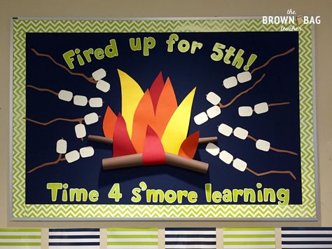 S'more learning bulletin board Graduation Bulletin Board, Star Bulletin Boards, Back To School 5th Grade, Up Bulletin Board, School 5th Grade, Camping Theme Preschool, Elementary Librarian, Work Bulletin Boards, Camping Classroom