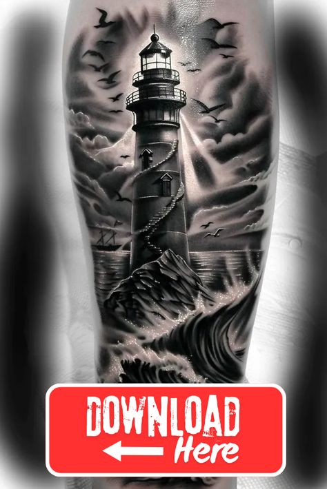 Tattoo idea: tattoo sketch Lonely Lighthouse Beam A lonely lighthou 2 Lighthouse Tattoos, Lighthouse Tattoo Men, Wave Drawing, Origami Elephant, Lighthouse Tattoo, New Tattoo Designs, Beach Tattoo, Detailed Tattoo, 3d Tattoos