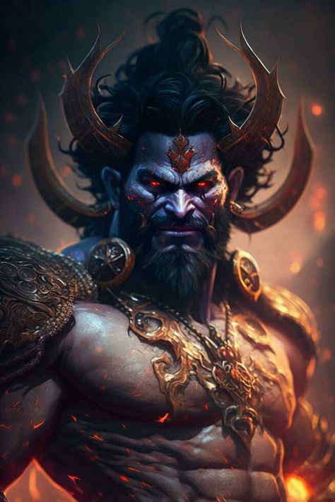 The Mighty Ravana A Stunning Portrait of the Mythical Indian Demon King AI generated Indian Demon Art, Rakshasa Demons Hindus, Raavanan King Wallpaper, Ravana King Wallpaper Hd, Ravana Ramayana Wallpaper, Indian Demon, Ravana Images Hd, Ravana King, Samudra Manthan