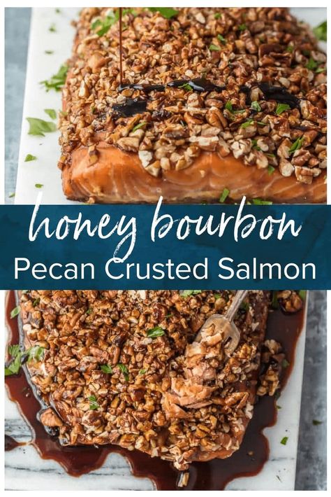 BOURBON SALMON is ultra delicious and ultra easy! This pecan crusted salmon recipe is the perfect family meal with all of the flavor and none of the fuss. The salmon marinates in the honey bourbon glaze in the oven, and the pecan crust gives it the perfect crunch. The most delicious honey bourbon glazed salmon! #thecookierookie #salmon #bourbon #healthyrecipes #seafood Thanksgiving Salmon Recipes, Honey Bourbon Salmon, Thanksgiving Salmon, Florida Thanksgiving, Seafood Thanksgiving, Bourbon Salmon, Bourbon Glazed Salmon, Brown Sugar Glazed Salmon, Pecan Crusted Salmon