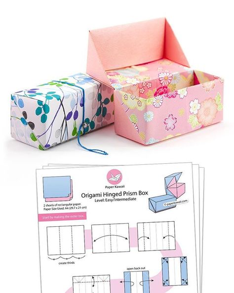 Origami Hinged Prism Gift Box - Diagram available for $1 on my shop. Hope you like it! 💗 (shop.paperkawaii.com) This origami box is easy to make using 2 sheets of rectangular paper, it doesn’t need glue 😁 #origami #origamibox #giftbox #paperfolding #paperkawaii #foldoftheday #instaorigami #modularorigami #diagram #origamidiagram #origamiinstructions #paper #paperbox #diy #diybox Diy Origami Box, Origami Kutu, Origami Box Easy, Big Gift Boxes, Origami Gift Box, Origami Gifts, Tutorial Origami, Origami Diagrams, Origami Ball