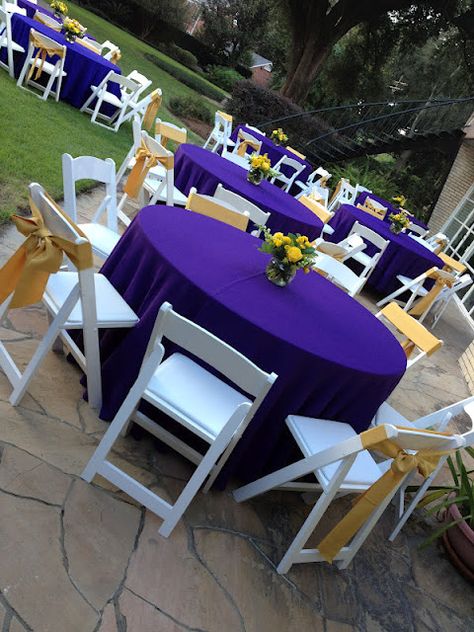 Purple and Gold Tables (LSU-themed dinner party) Graduation Purple Theme, Purple And Yellow Graduation Party Ideas, Lsu Themed Graduation Party, Lsu Grad Party, Purple Gold Graduation Party Ideas, Purple And Yellow Graduation Party, Lsu Party Decorations, Outdoor College Graduation Party Ideas, Lsu Graduation Party