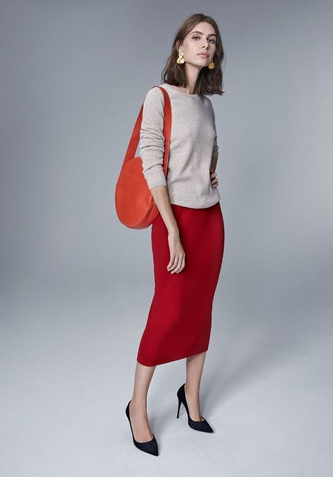 THE CASHMERE CREW-NECK: Natural cashmere crew neck sweater, £79; red knitted pencil skirt, £55; orange circle shoulder bag, £110 Cashmere Sweater And Skirt Outfit, Red Sweater With Skirt, Red Sweater And Skirt Outfit, Knit Pencil Skirt Outfit, Red Midi Skirt For Winter, Red Skirt Cream Sweater, Red Skirt Outfit Ideas, Red Pencil Skirt Outfit, Red Skirt Outfits