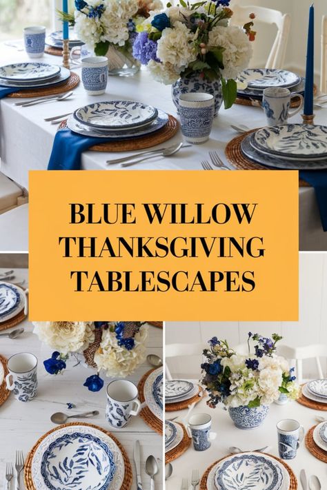 💙 Set a timeless table with Blue Willow Thanksgiving tablescapes! 🍽️ Use the classic Blue Willow china pattern to create elegant and traditional table settings. 🦃 Complement with coordinating linens, silverware, and blue and white decor accents. 🌟 Impress your guests with a sophisticated and cohesive dining experience this Thanksgiving! Chinoiserie Tablescape, Blue And White Tablescapes, Blue Willow China Pattern, Traditional Table Setting, Blue And White Decor, Blue Willow China, Thanksgiving Tablescape, Table Decor Ideas, Tablescape Ideas