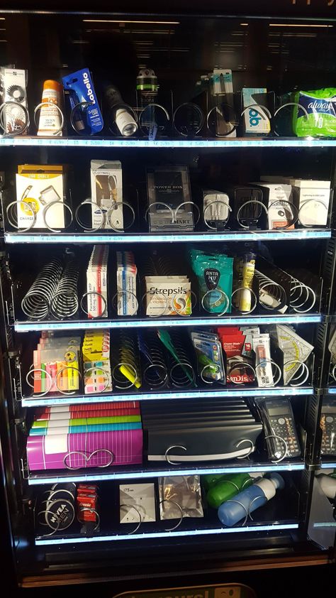 University has a vending machine with all the things you need as a student from sanitary pads to a powerbank. Vending Machines Ideas, Vending Machine Business Aesthetic, Fun Vending Machine Ideas, Vending Machine Store Design, Vending Machine Ideas Products, Vending Machine Business Ideas, Vending Machine Ideas Trends, Unique Vending Machine Ideas, Cool Vending Machines